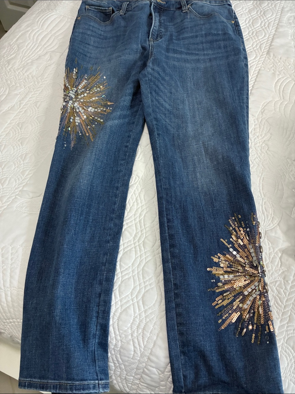 Chico’s So Slimming Girlfriend Slim Leg Ankle Jeans - Blue with Sequin Starburst